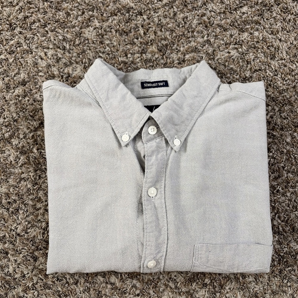 American Eagle Seriously Soft Button Down Shirt Long Sleeve Gray Large Men's